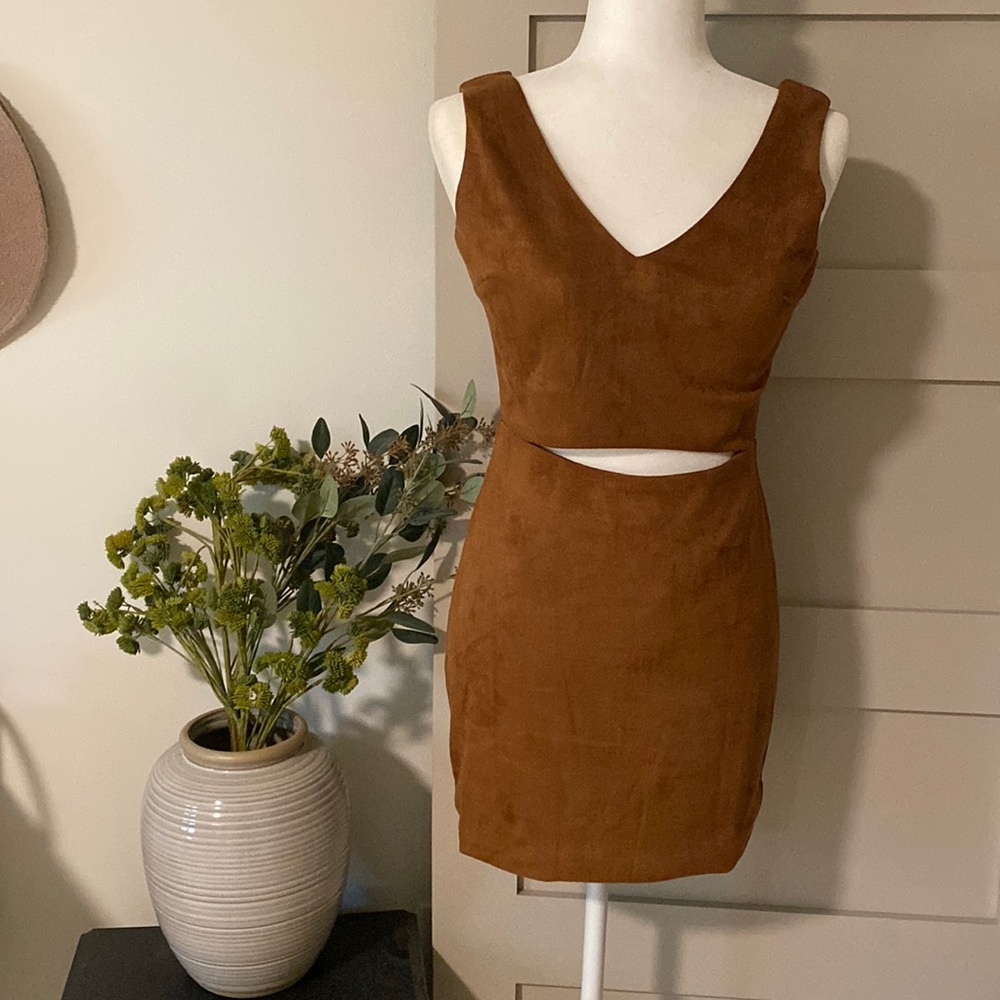 Brown Suede Cut-Out Mini Dress